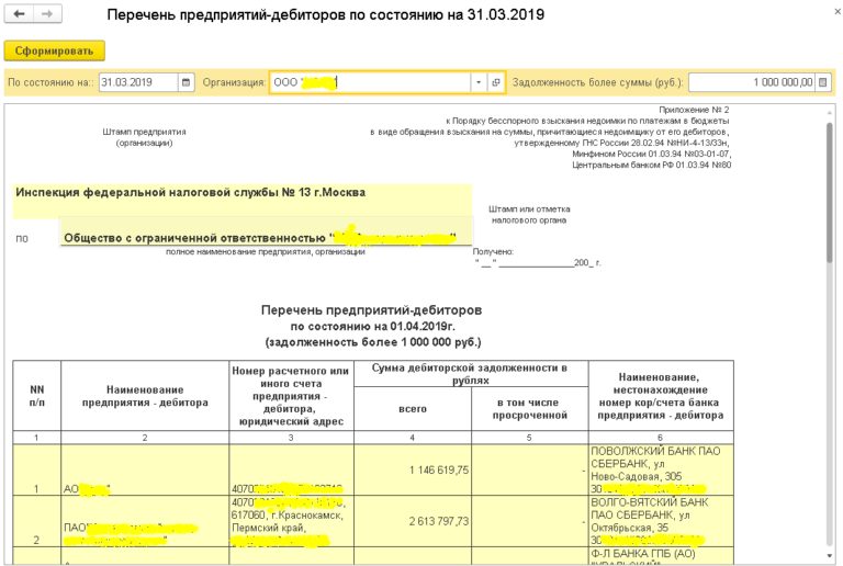 Перечень дебиторов и кредиторов в налоговую образец